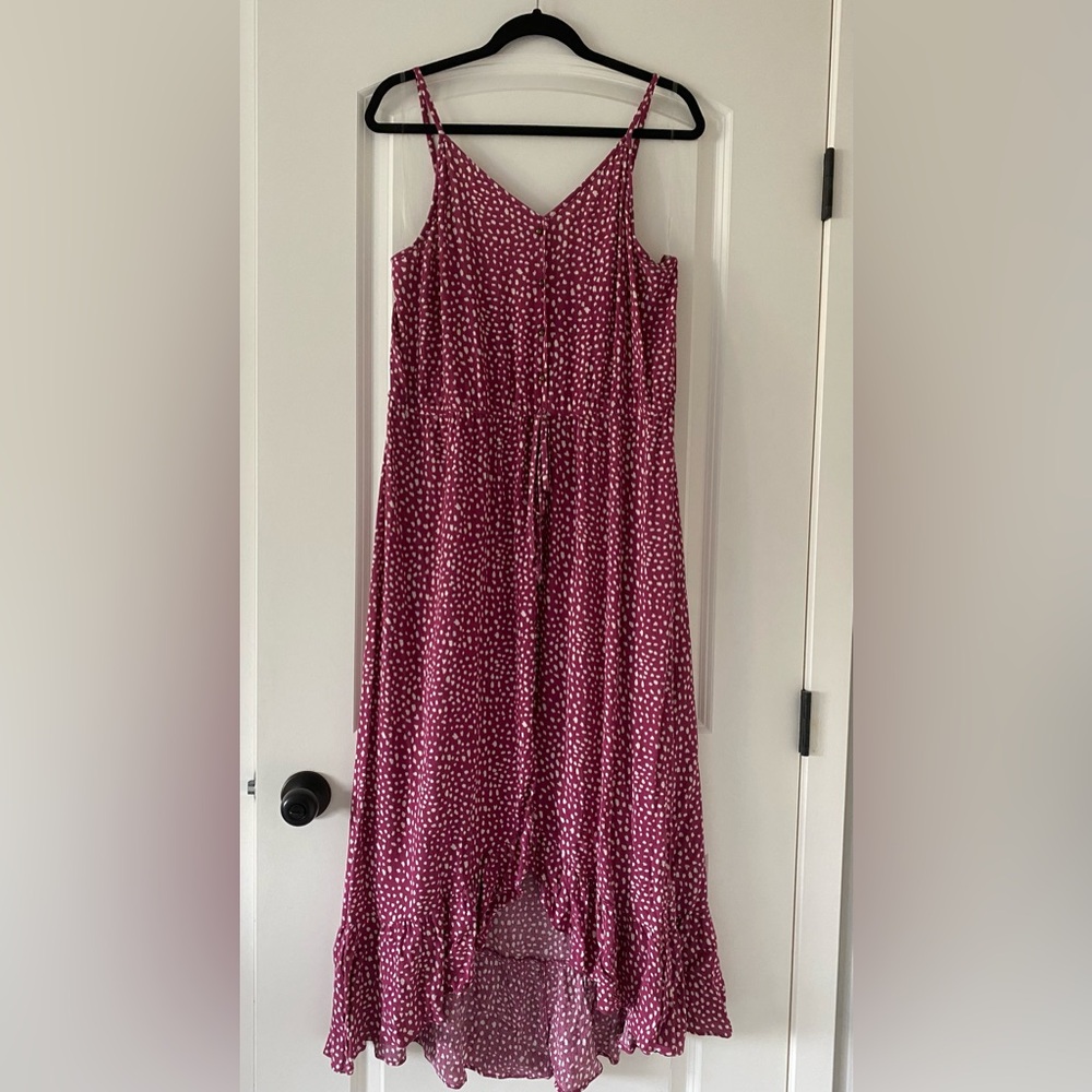 🆕 Rewind Kohls Pink Cheetah Polka Dot High Low Button Maxi Ruffle Dress